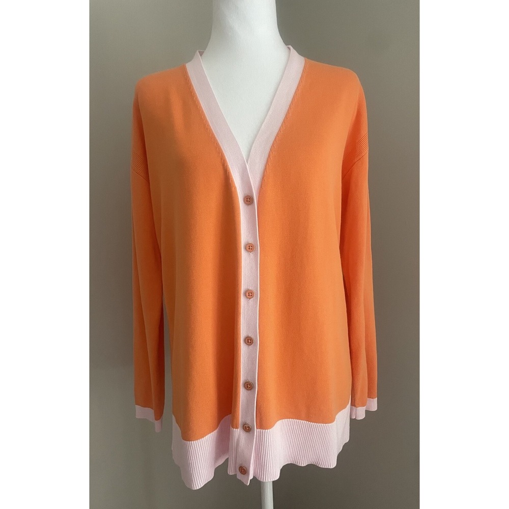 Talbots Women M Cardigan Sweater Orange Cream Baby Pink Gold Button Cotton Blend